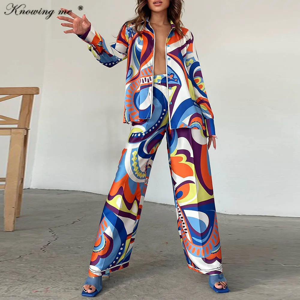 Two piece set women Fashion Single Button blouse +Print pants tracksuit Female Summer beach long sleeve Loose suit outfit set