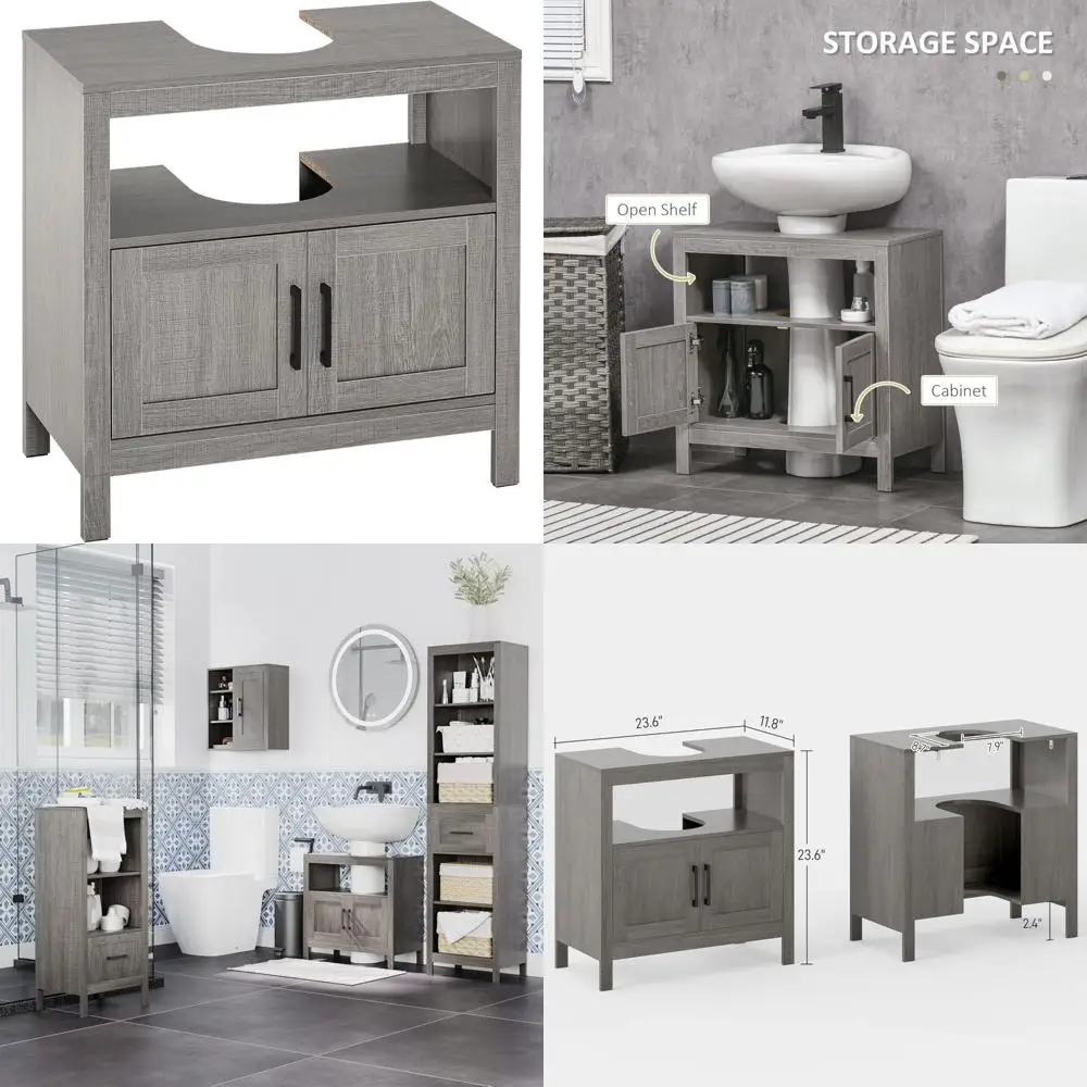 

gray bathroom storage cabinet with two doors and open shelf under sink vanity
