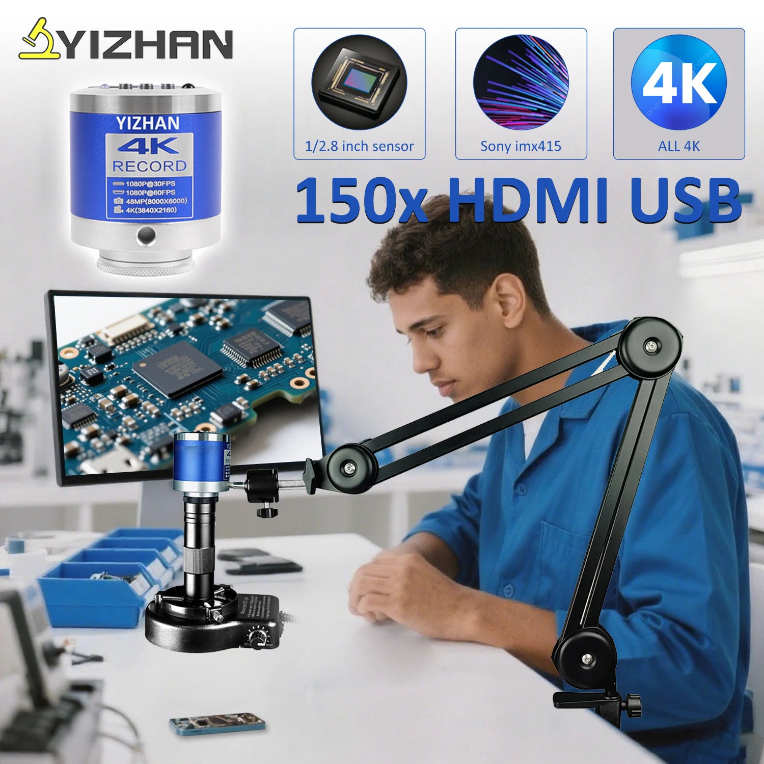 YIZHAN Full 4K Microscope For Soldering Magnifying 48MP HDMI USB Output , VGA 1080P 60FPS Microscope Camera 150X Lens With Stand