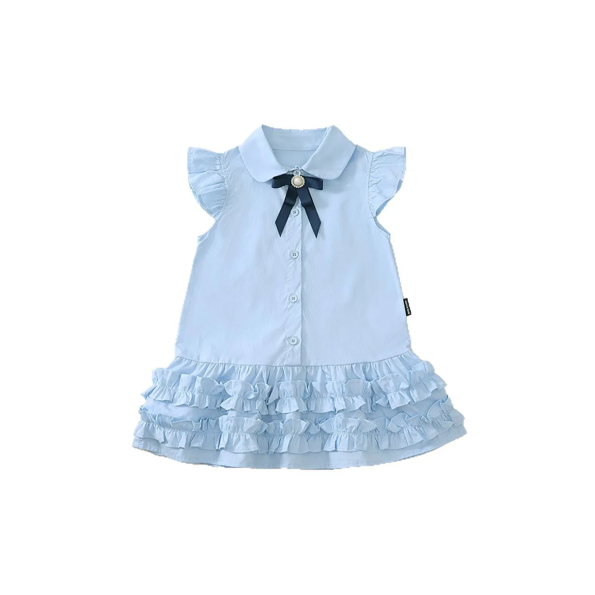 Girls Preppy Blue Dress 2025 Summer Flutter Sleeve Korean Style Bow Detail Pleated Skirt Baby Girl School Outfit
