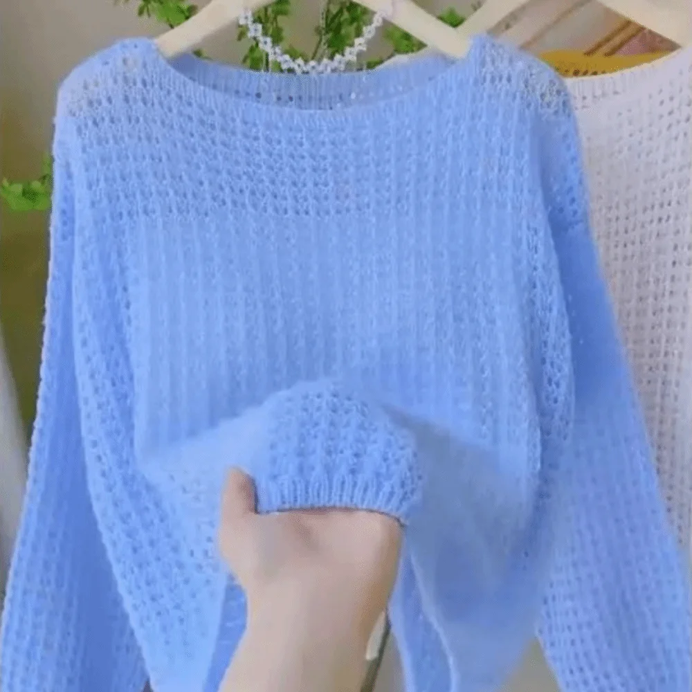 

Vintage Thin Hollow Out Mesh Sweater Pullovers Long Sleeve Lightweight Crochet Knit Sweater Soft O Neck Knitwear Sweater Summer