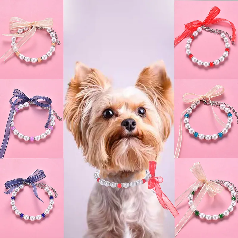 

Cute Pet Pearl Necklace Bow Cat Dog Collar Pets Accessories Adjustable Kitten Collars Party Dress Up Harness Dogs Jewelry