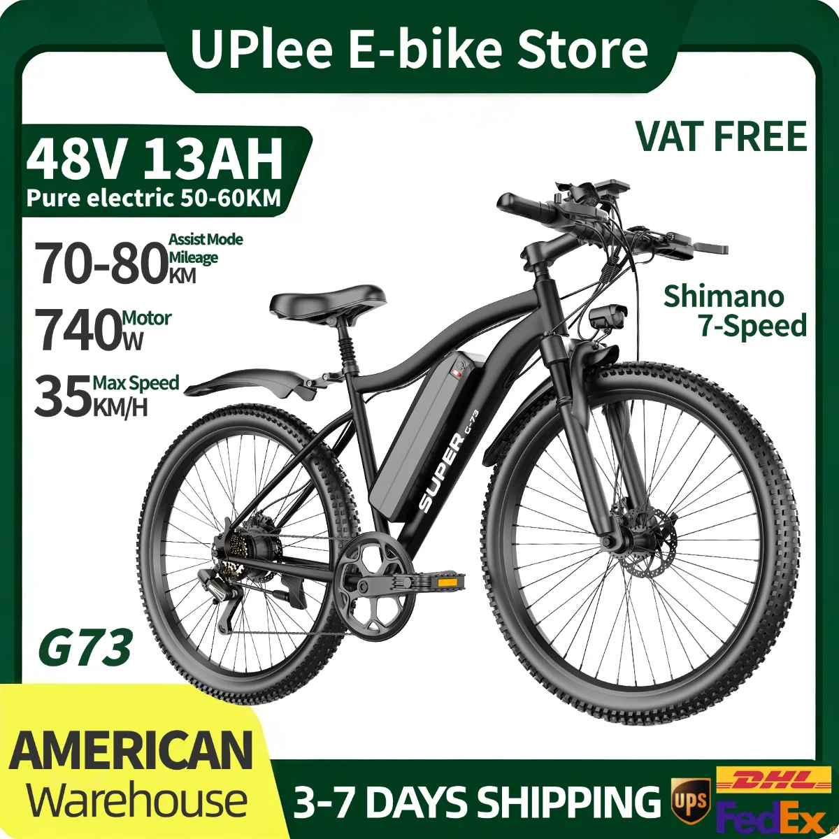 

UPlee G73 Electric Bike Adults 48V13AH Electric Bicycle Peak740W 70-80KM Assist Mode mileage 35KM/H max speed 26" Mountain EBike