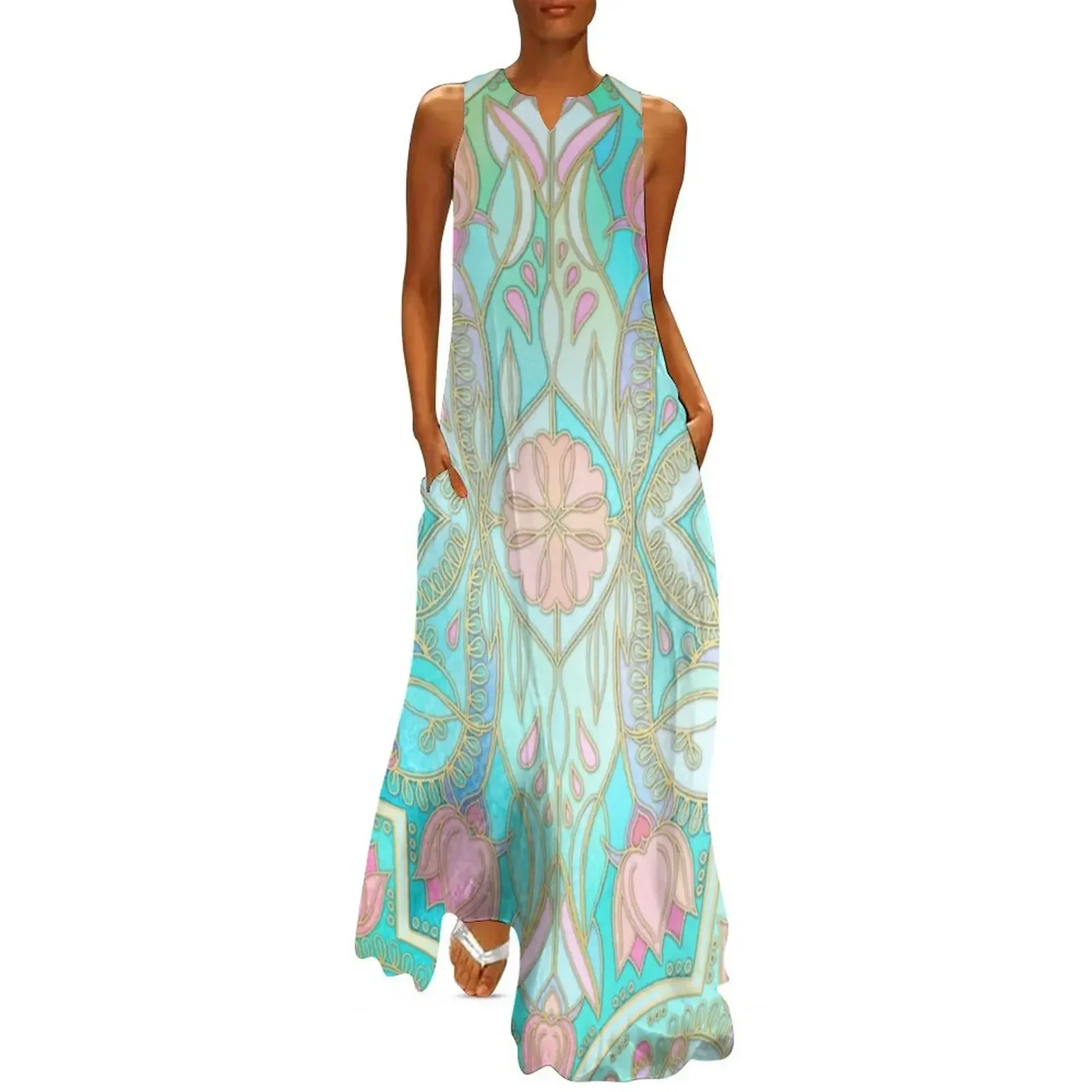 

Floral Moroccan in Spring Pastels - Aqua, Pink, Mint & Peach Long Dress chic and elegant evening dress Dress
