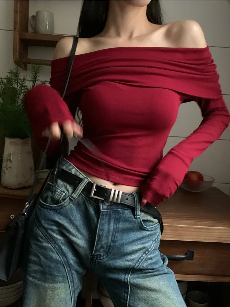 Sweet Wine Red One Shoulder Pleated Long Sleeve Shirt Women Top Summer Slim Fit French Sexy Slimming Revealing Navel Outfit BM5Q