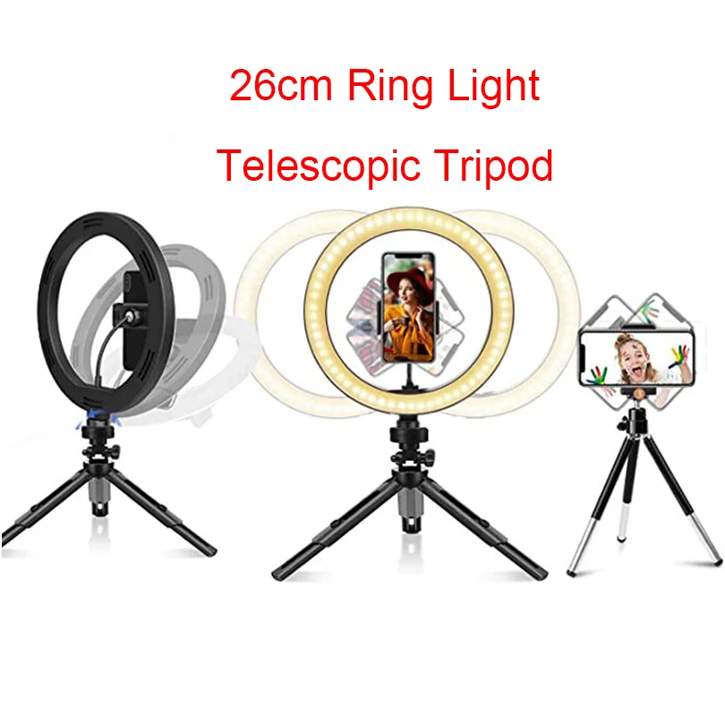 

LED 26cm Selfie Ring Light Photo Ringlight Phone Remote Lamp Photography Lighting Telescopic Tripod Stand Holder Youtube Video