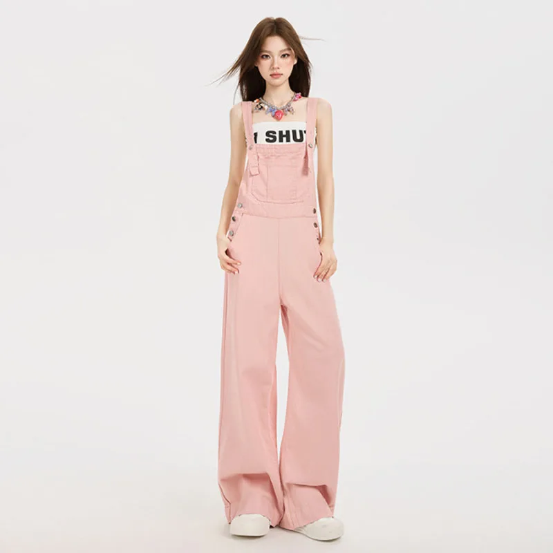 

American Style High Waist Denim Overalls Women's Streetwear Retro Solid Color Pockets Design Loose Pants Summer Casual Jumpsuits