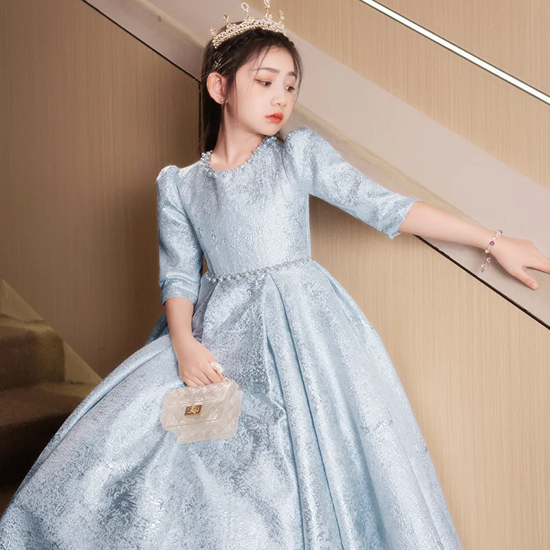 فستان فتاة الزهور المتواضع المخصص من It's Yiiya مزود بخرز أزرق ورقبة دائرية 3/4 أكمام وسحاب خلفي وطيات على شكل حرف a بطول الأرض فستان أطفال T110 #3