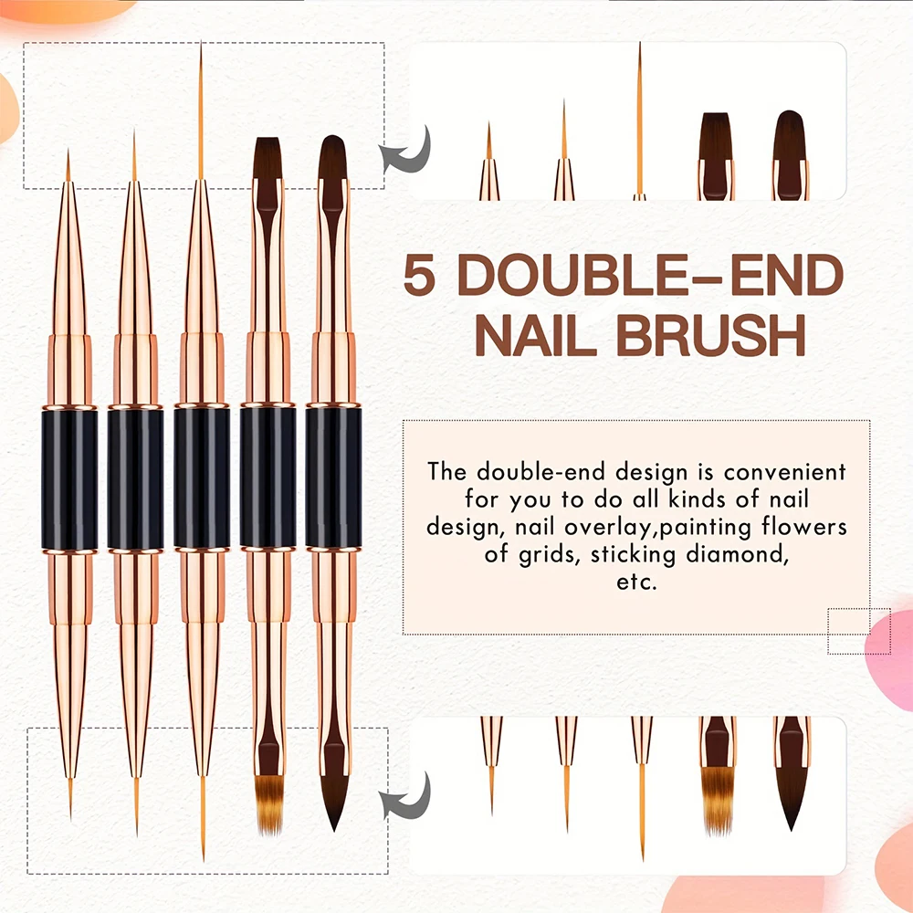 New Nail Art Brush Set, Professional 5-Piece Dual-Ended Acrylic Brushes, Line Puller, Fine Detail Brush, Ideal for Gel, 3D Nail