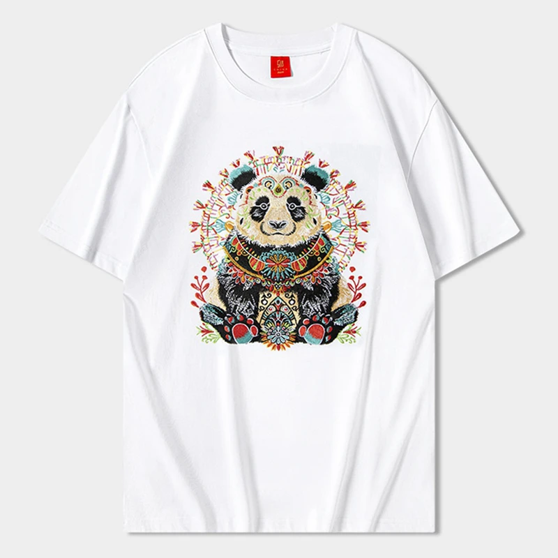 Lyprerazy National Tide Panda Embroidered Short-sleeved T-shirt Summer Cotton Loose Couples Tops Tees