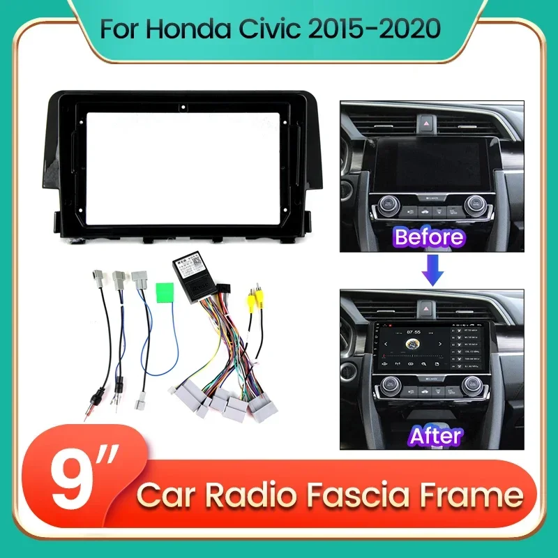 9 Inch Car Dash Fascia Frame Adapter for Honda Civic 2015 2016 - 2020 Android Radio Fitting Cover Panel Canbus Box Decoder Kit