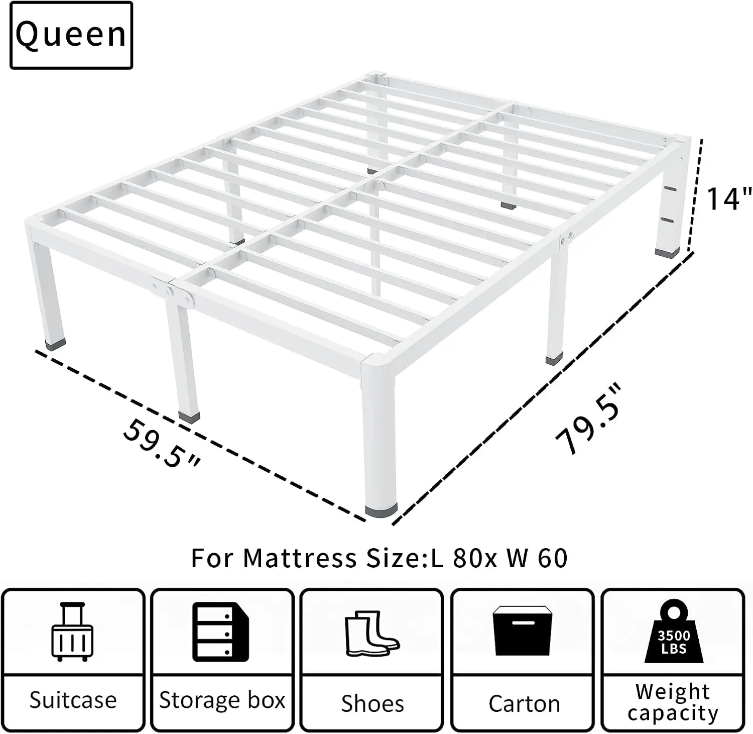 Queen Size 14 Inch White Metal Platform Bed Frame, 3500 Lbs Heavy Duty Steel Slat Base with Rounded Corners Headboard Holes Mattress Retainers, Noise Free Easy Assembly No Box Spring Needed