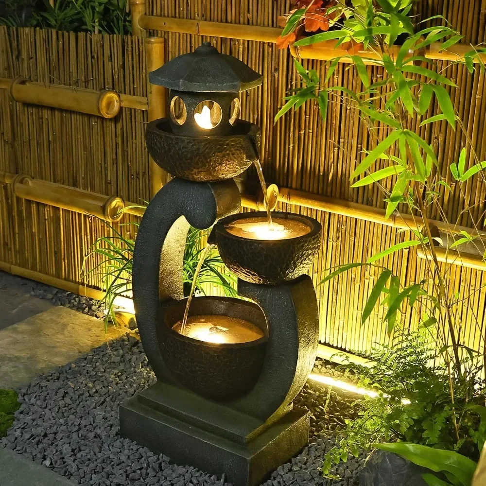 Outdoor Garden Water Fountain - Modern Tranquil Zen Pagoda Waterfalls Fountains Bowl with LED Lights & Pump