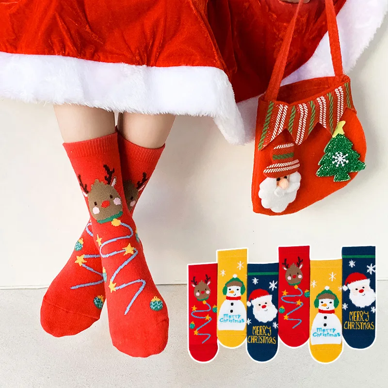 3 Pair Christmas Socks for Children Kids Snowman Winter Autumn Warm Socks Xmas New Year Sock Cotton Santa Claus Sock 1-8 Years