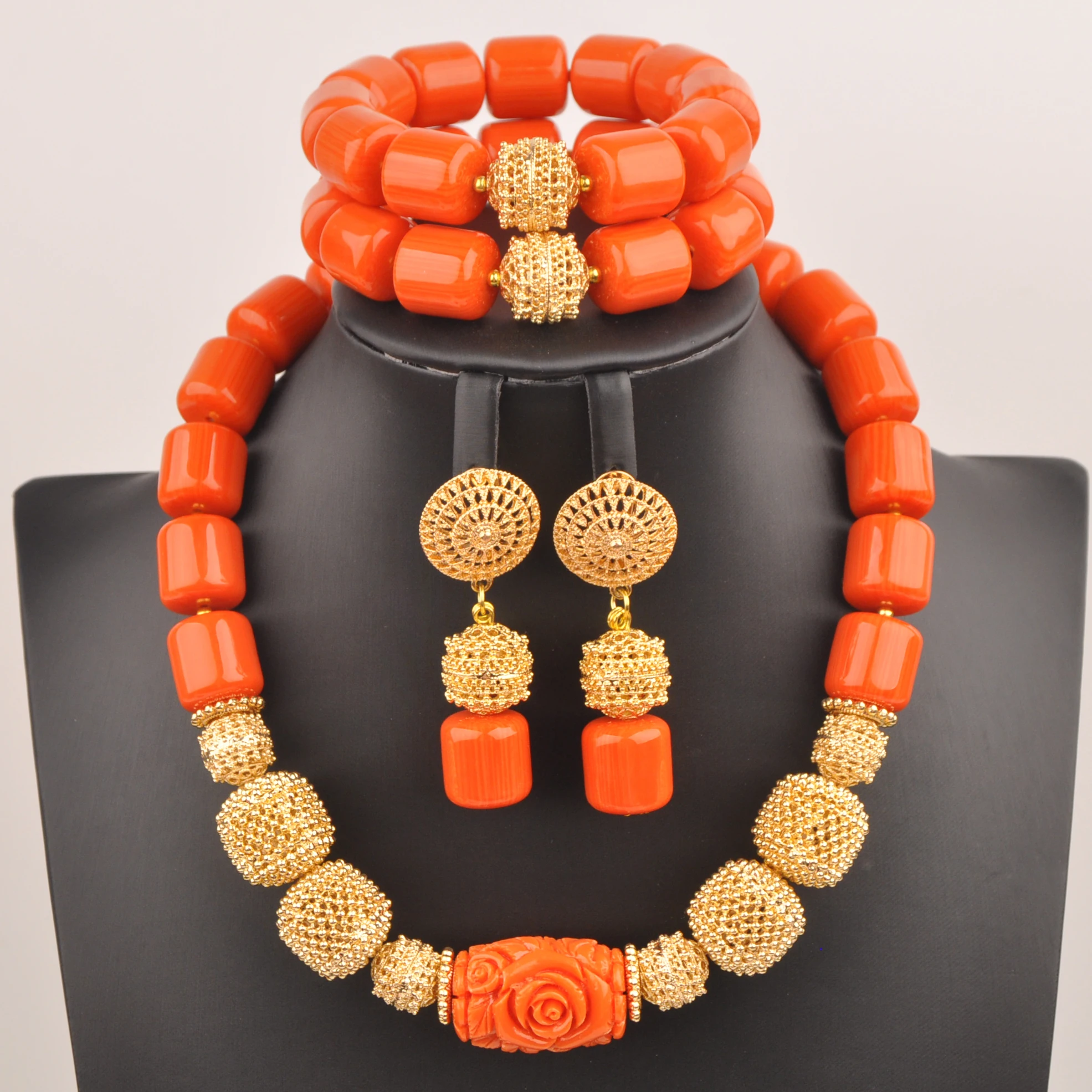 African Jewelry Orange Artificial Coral Bead Necklace Sets