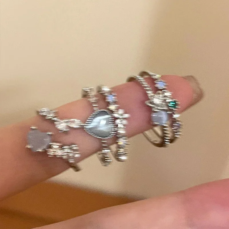 2024 Fashion Jewelry Crystal Rings Heart Adjustable Ring Irregular Geometry Punk Vintage Rings Set for Women Girls Hot Sales image 5