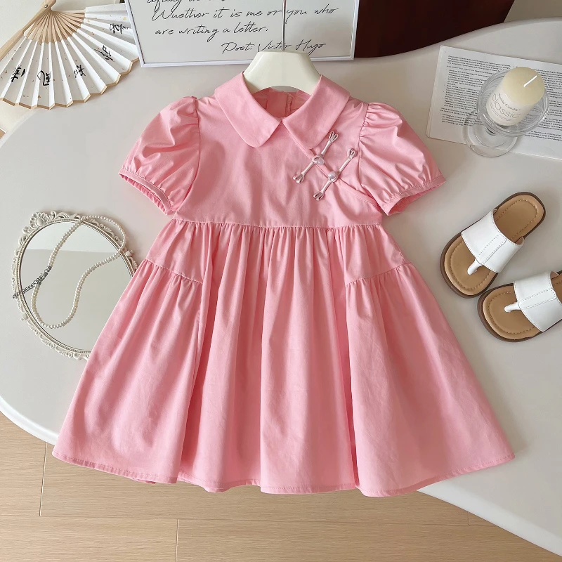 Girls' Dress Summer New Girls' Puffed Sleeves Solid Color Vintage Dress  Girls Clothes  Ropa De Niña