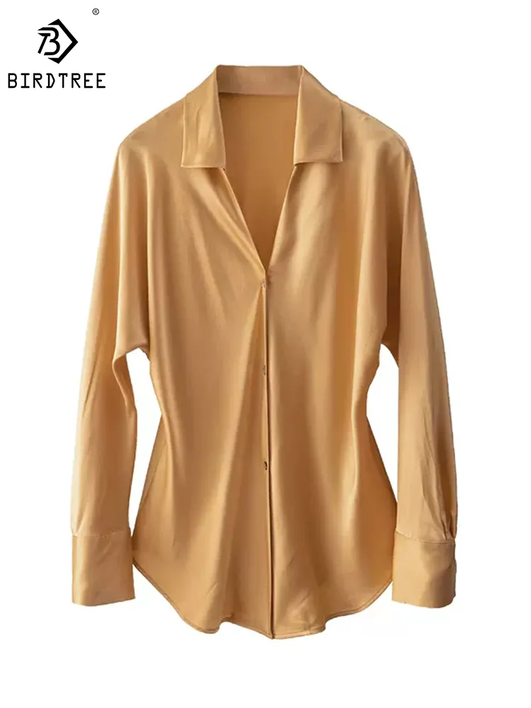 

BirdTree, Women Solid Shirts, 100%Real Silk, V Neck Long Sleeve, Elegant Blouses, 2024 Spring Summer Office Lady Tops T42936QM
