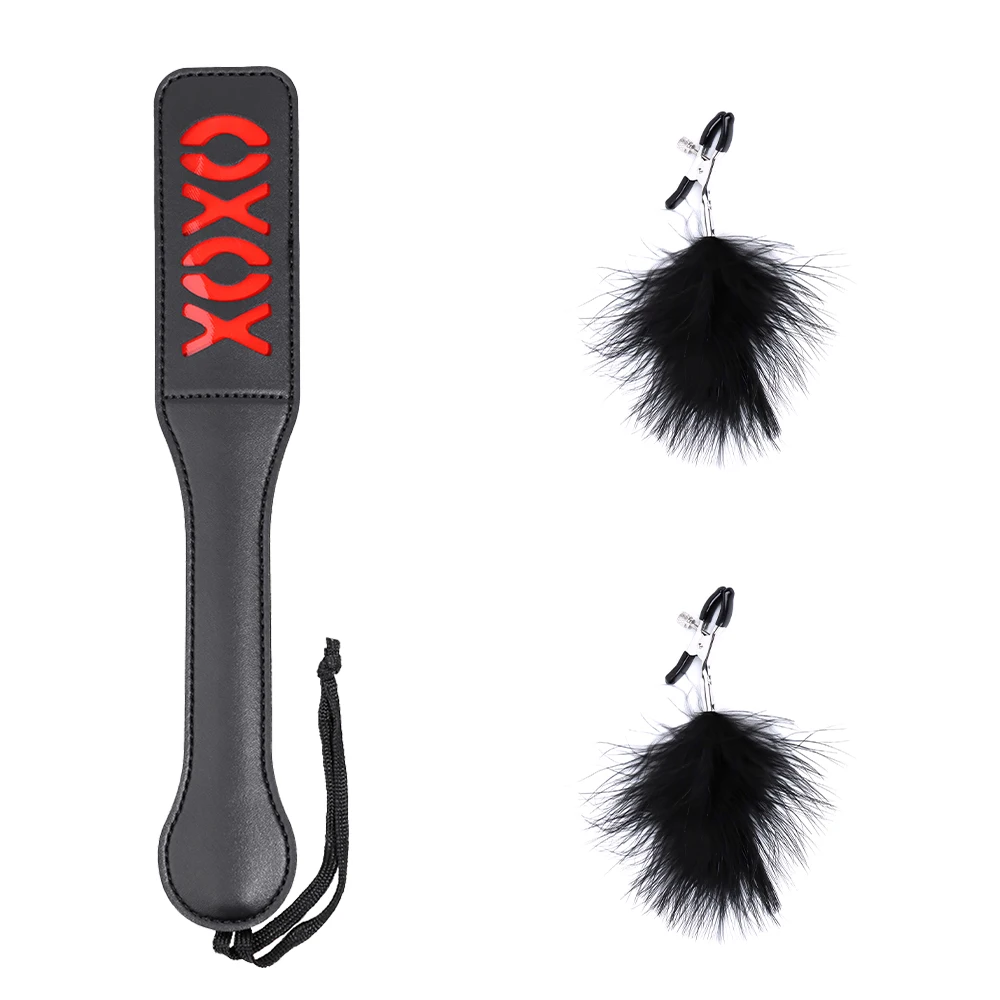 مجموعة عبودية 2 قطعة BDSM مجموعة الردف مجداف ريشة الحلمة المشابك الأسود والأحمر والوردي الألوان XOXO المجاذيف للعب الجنس الكبار