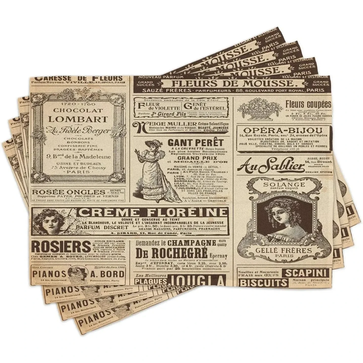 Paris Place Mats Set of 4 Old Newspaper Journal French Paper Lettering Art Design Washable Fabric Placemats for Dining Table