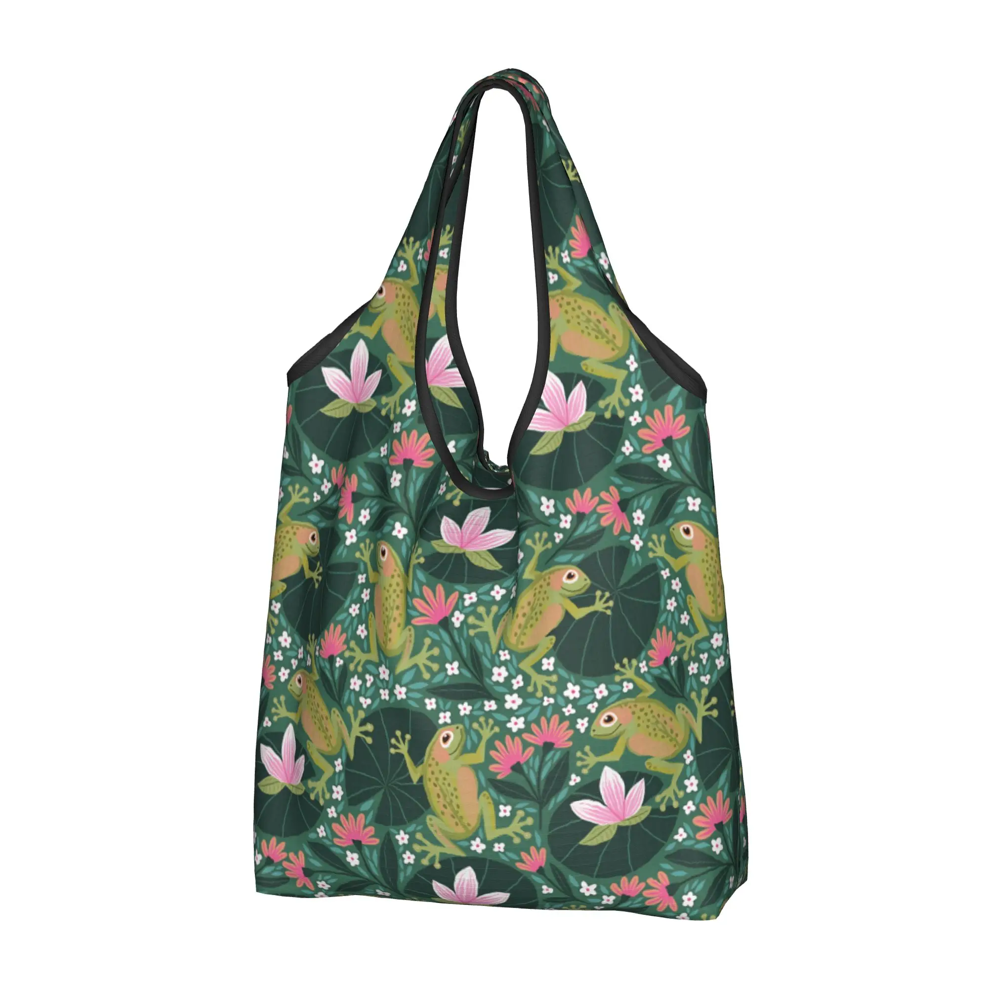 Kawaii Print Happy Frog Animal Lover  Tote Shopping Bag Portable Shopper Shoulder  Handbag