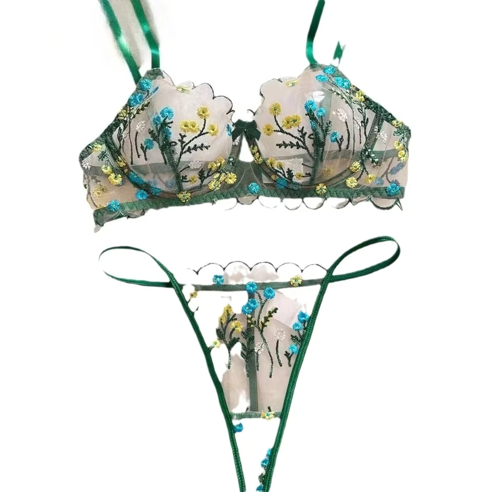 

Westerns Hot Sale Floral Embroidery See Through Mesh For Women Female Caliente Lingerie Underwear Seductive Sexy Erotic Set