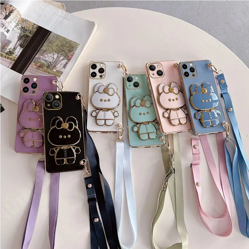 Mirror Rabbit Crossbody Lanyard Case on For iPhone 14 11 12 13 Pro Max Mini 14pro 13mini 8 7 6 6S Plus X Xr Xs Max SE 2020 Cover