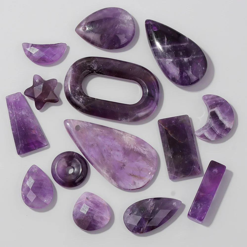 Natural Amethysts Pendant Waterdrop Shape Purple Crystal Quartz Star Crescent Charms For Jewelry Making Necklace DIY Bracelet