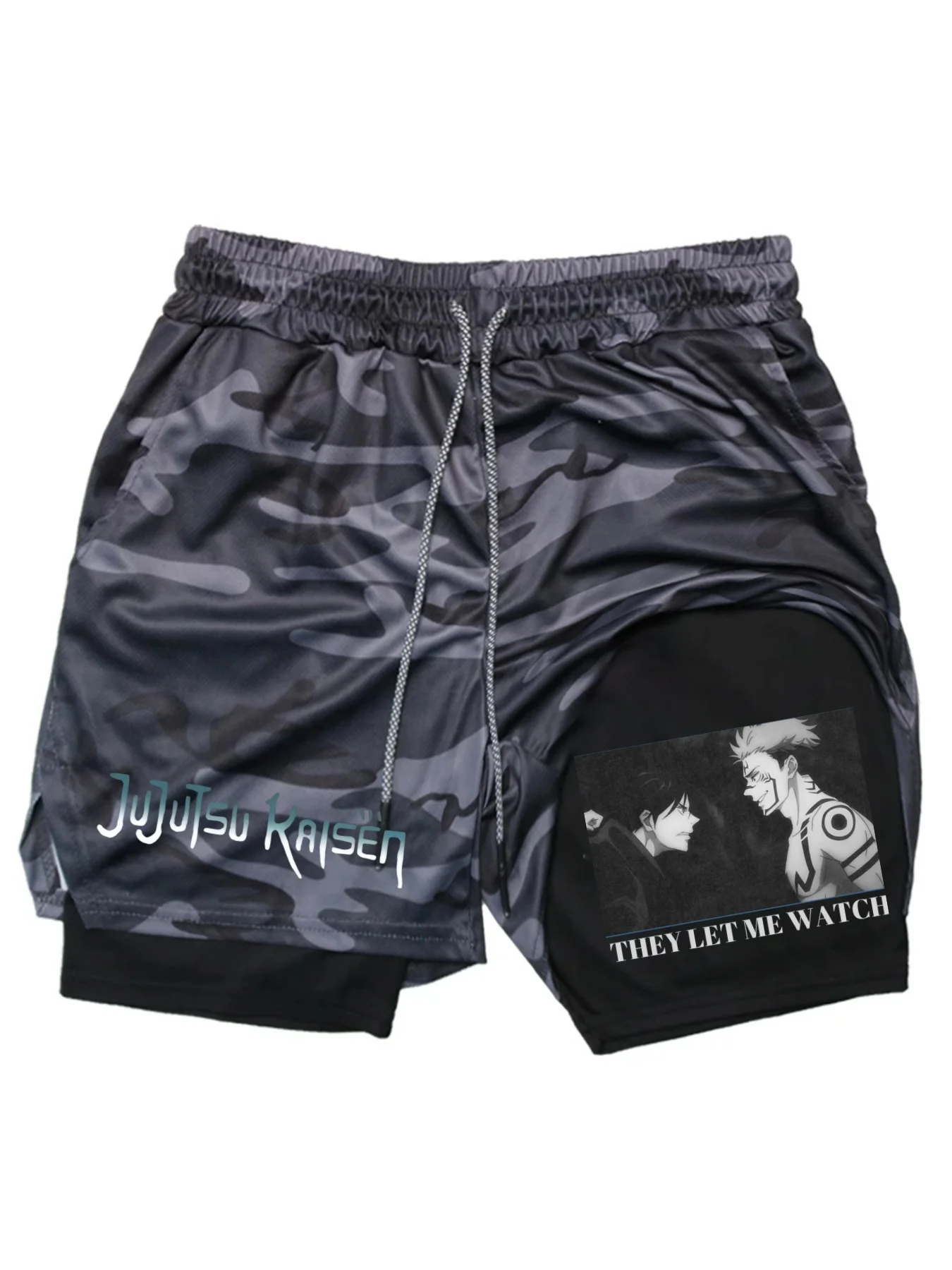 سراويل اللياقة البدنية للرجال مطبوعة 2 في 1 أداء رياضي قابل للتنفس Satoru Gojo شورت منشفة سروال تجريب سريع الجفاف