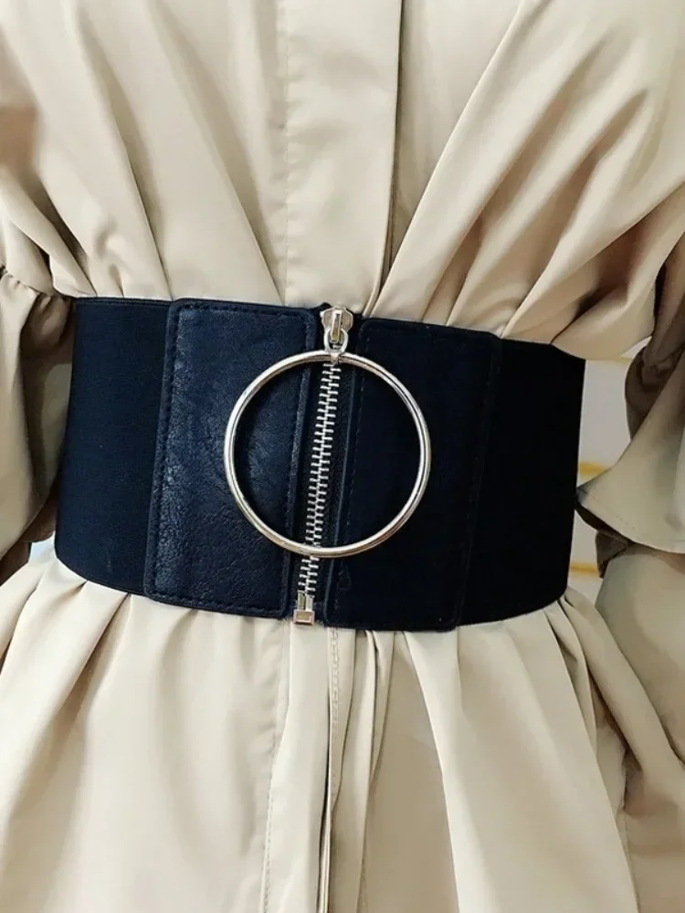 Women\'s Dress Super Wide Belt Women\'s Large Metal Ring Black Belts Women\'s Elastic Belt Women Belts Fashion for Dress