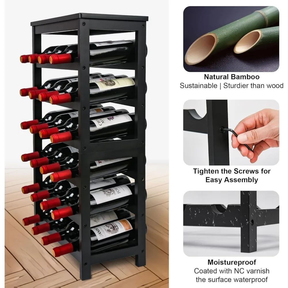 Piso autônomo Wine Rack, 6-Tier Display Wine Storage Prateleiras com mesa, 24 pés de bambu prateleira para cozinha