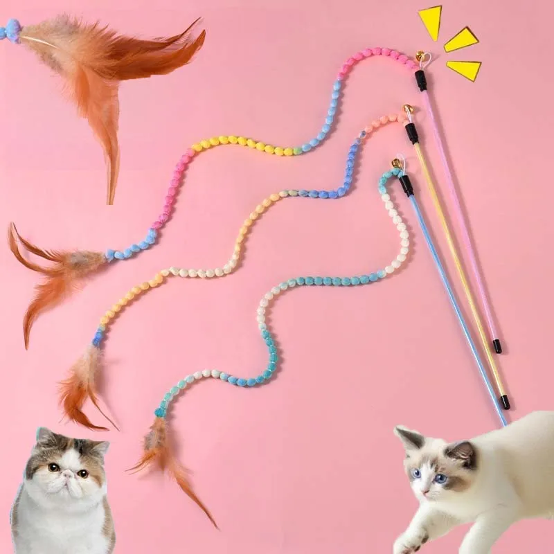 Cat Teaser Stick Feather Squeaky Bell Cat Toy Knot Bite Resistant Kitten Toy Interactive Teasing Chew Teeth Cleaning Cat Toy