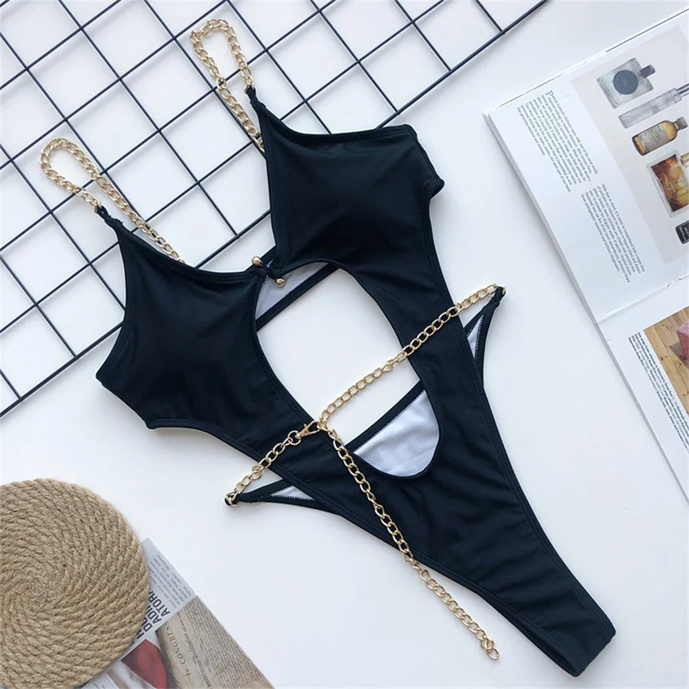 

One-piece Chains Bikini Cut Out Backless Swimsuit High Leg Extreme Monokini Women Swimwear Micro Tanga Beach Outfit Bathing Suit