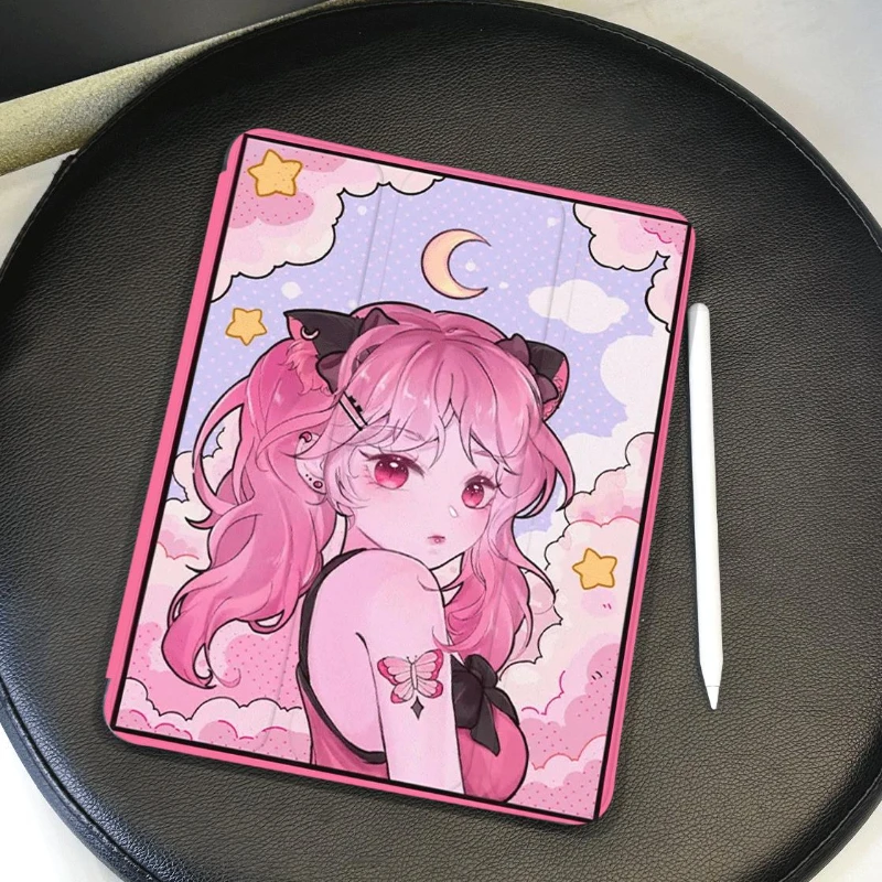 Cat Ear Pink Hair Girl Smart PU Case for 2021 10.2 7/8/9 Generation 9.7 5th 6th Gen Ipad Mini 6 IPad Air 5 Air 4 10.9 PC Shell