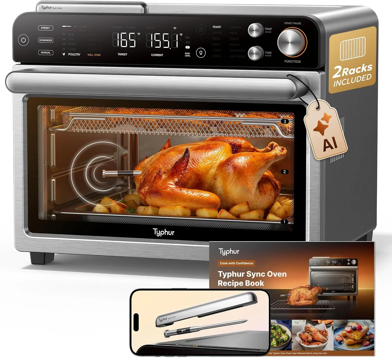 Sync Oven with Smart Wireless Meat Thermometer Probe, 12-in-1 Countertop Airfryer Toaster Oven Combo, 360° Turbo Convection