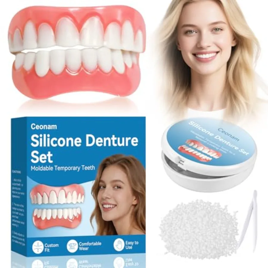 Silicone Denture Set Upper Lower Full Teeth with Dental Adhesive Beads and Tweezers in Storage Case Temporary Teeth Kit for Men
