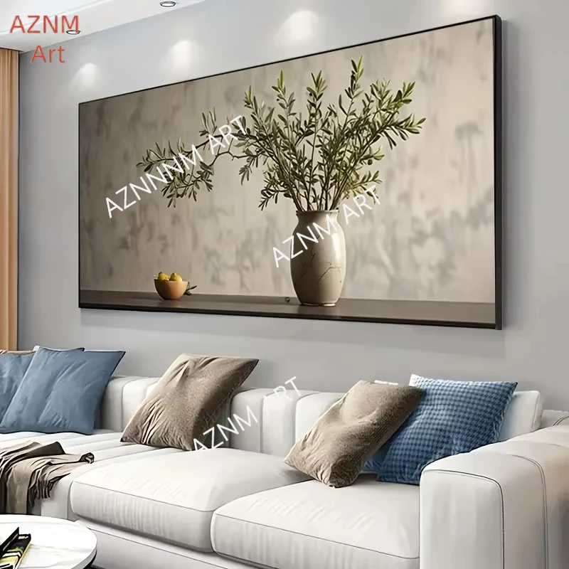 1PC ，Large Modern Vase Art Canvas Painting -Olive Branch Wall Decor for Living Room & Bedroom, Perfect for Contemporary Spaces
