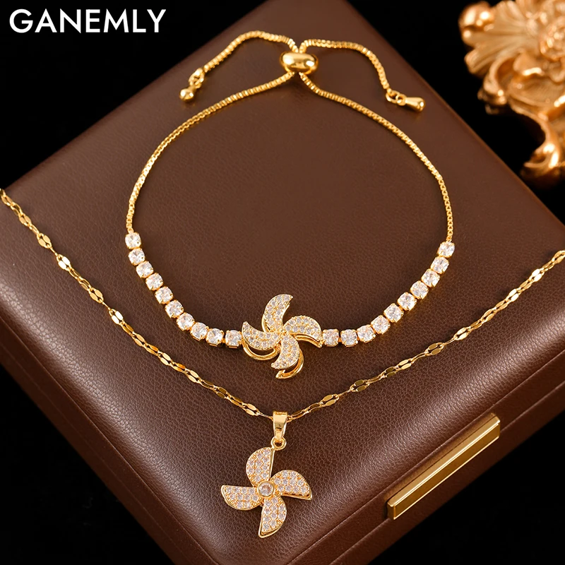 

GANEMLY 316L Stainless Steel Rotating Windmill Zircon Necklace Bracelet Set For Women New Trendy Lady Gift Waterproof Jewelry