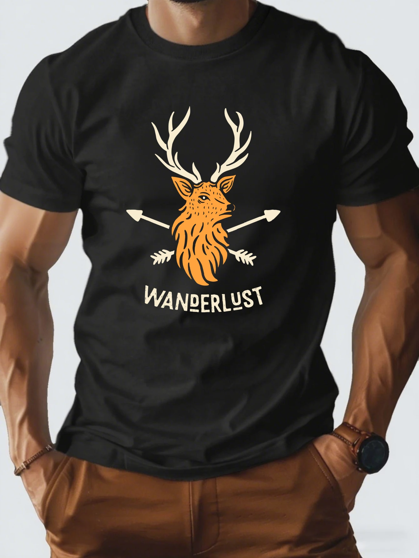 

Retro Deer Skull Antler Graphic T-Shirt for Men, Hunting Style Short Sleeve Tee, Casual Buck Deer Print Tops