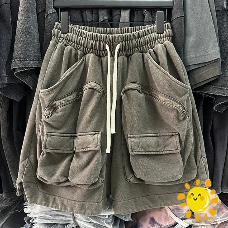 

24SS High Quality Double Pockets Shorts Men Women Drawstring Multifunctional Vintage Wash Shorts Oversize Thick Fabric Breeches