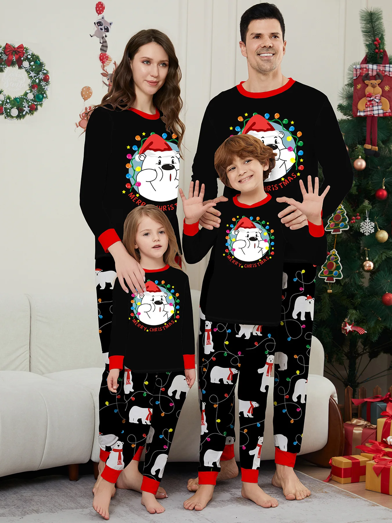 

Christmas Family Pajamas Set for Grandpa Grandma Dad Mom Daughter Son Black Matching Clothes Outfits Adult Kids Print Sleepwear