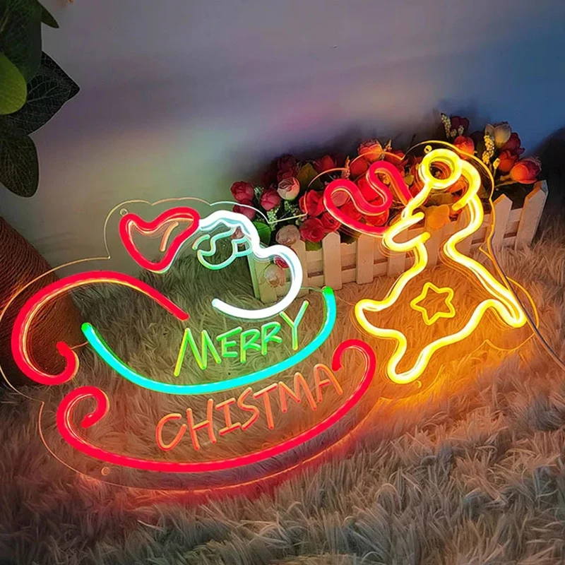 45cm Merry Christmas Neon Light Party Decoration Home Decor Wall Hanging Light Usb with Christmas Tree Bell Elk Santa Claus