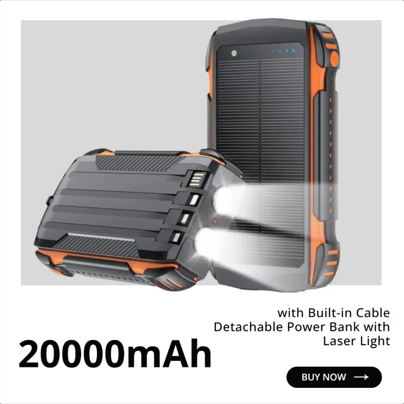 New Solar Power Bank 20000mAh Portable with Built-in Cable Detachable Power Bank with Laser Light