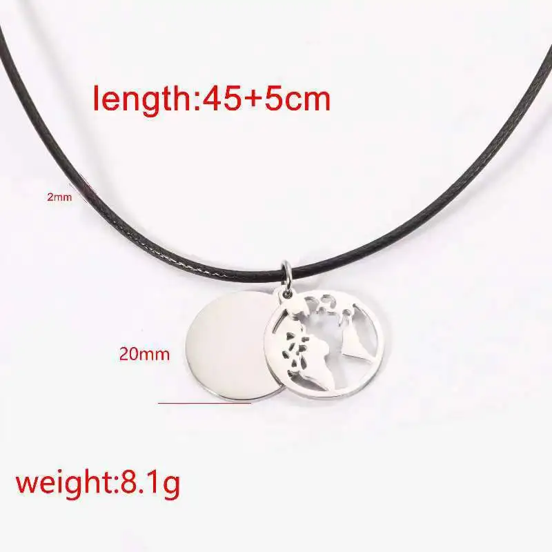 2Pcs/Lot Mirror Polish Stainless Steel World Map Pendant Charms  Round Disc Leather Cord Necklace Jewelry Friend Lovers Gift