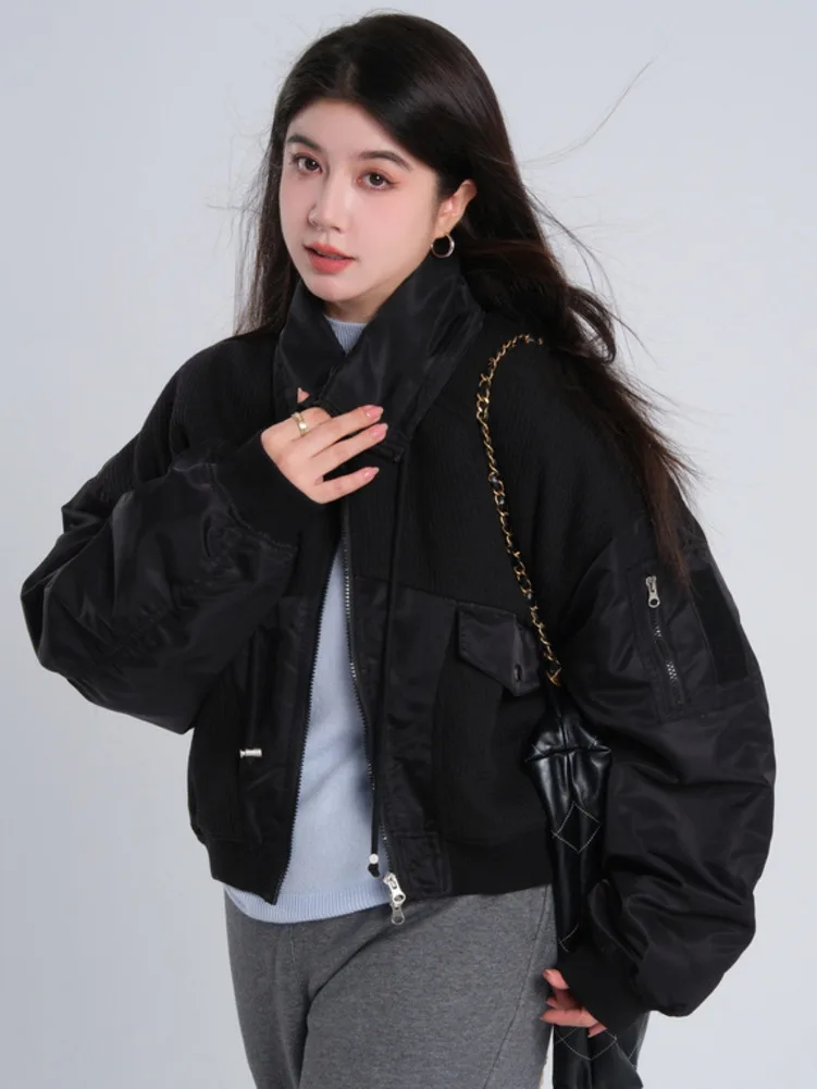 Retro Patchwork American Warm Jacket Women Korean Loose Cotton Coat Y2k Streetwear Vintage Thicken Splicing Parkas Outerwear