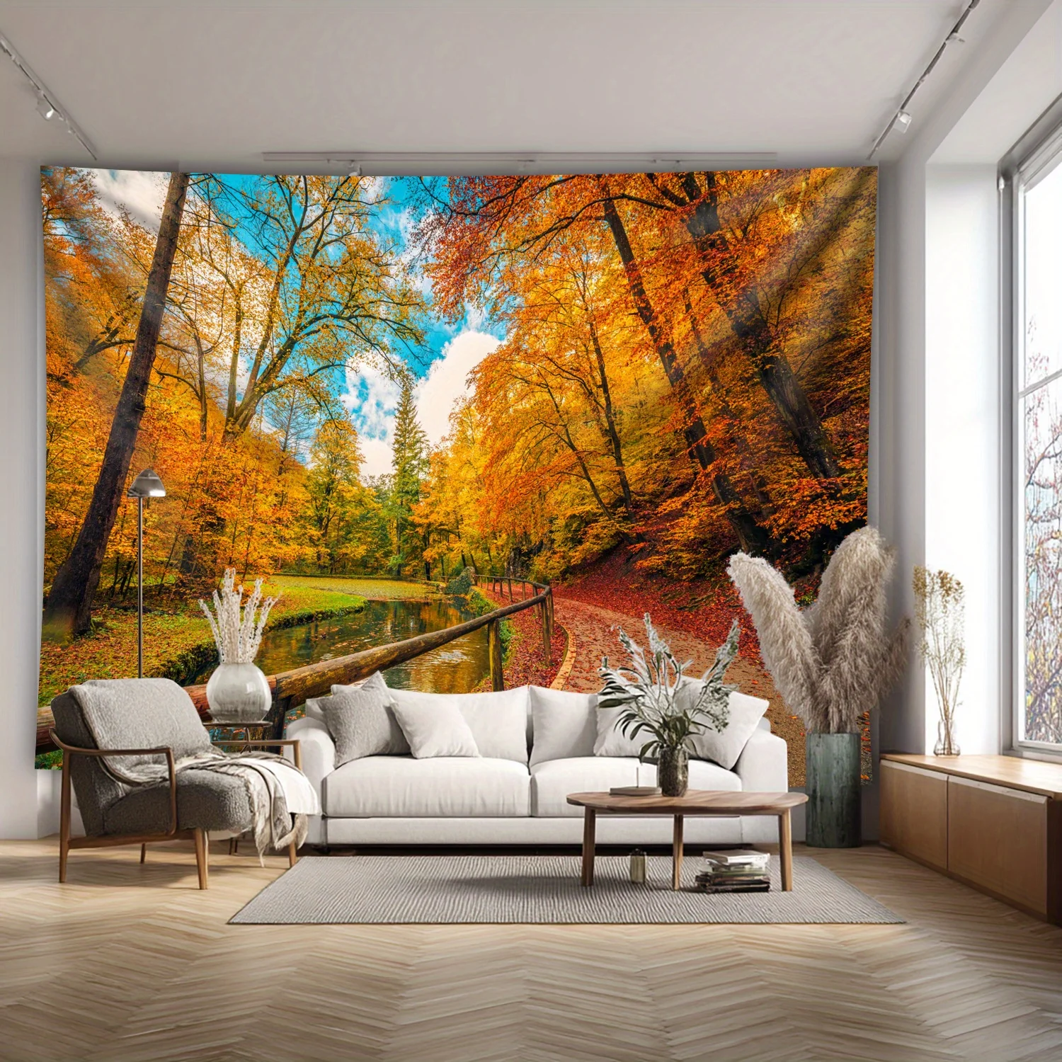 Autumn Forest Tapestry, Colorful Fall Trees and River Path, Scenic Wall Hanging for Living Room Bedroom Decor