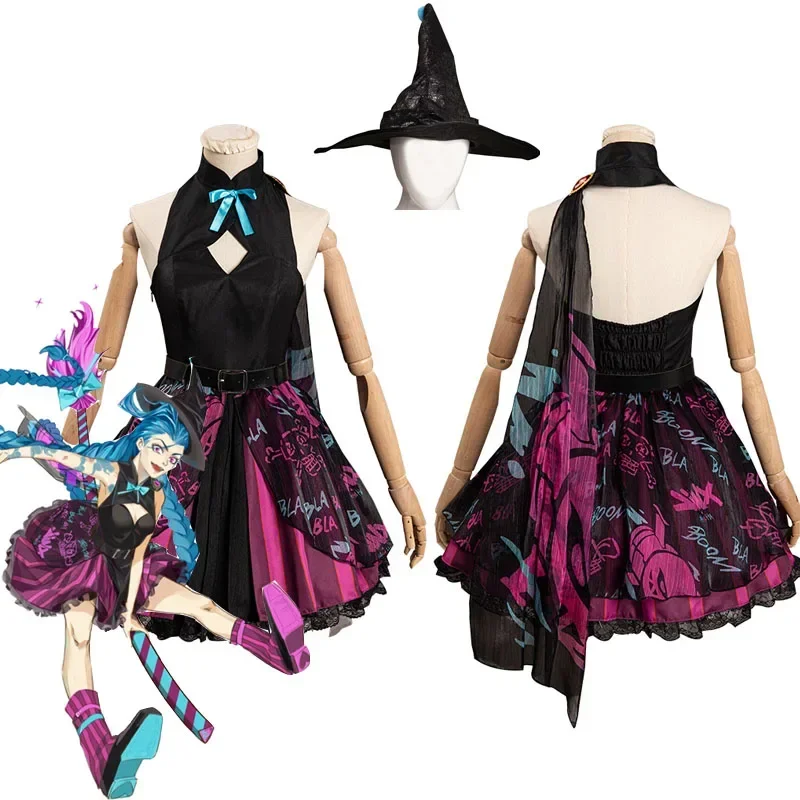 Arcano: disfraz de LOL Jinx, vestido de bruja, trajes, traje de Carnaval de Halloween para mujeres y niñas M17