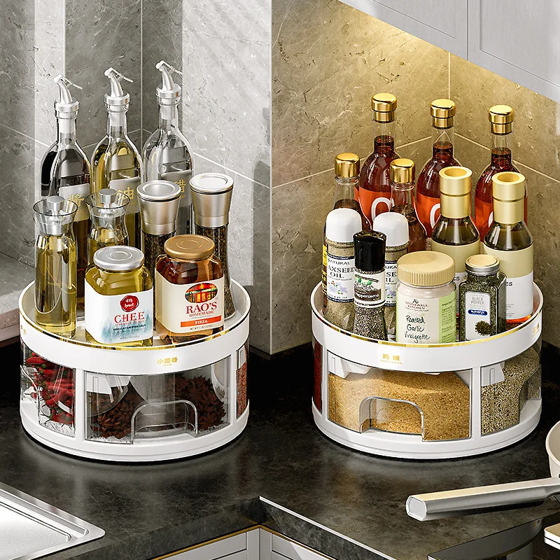 

High-capacity Integrated Multi Grid Rotating Seasoning Vinegar Bottle Rack Seasoning Storage Table Top Kitchen Seasoning Box