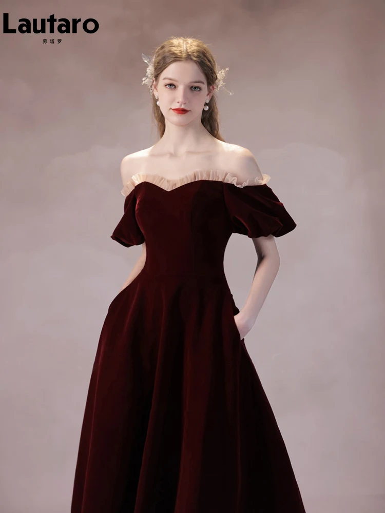 

Lautaro Spring Long Ruffled Birthday Party Evening Velvet Off the Shoulder Dresses for Women Luxury Elegant Chic Womans Clothing