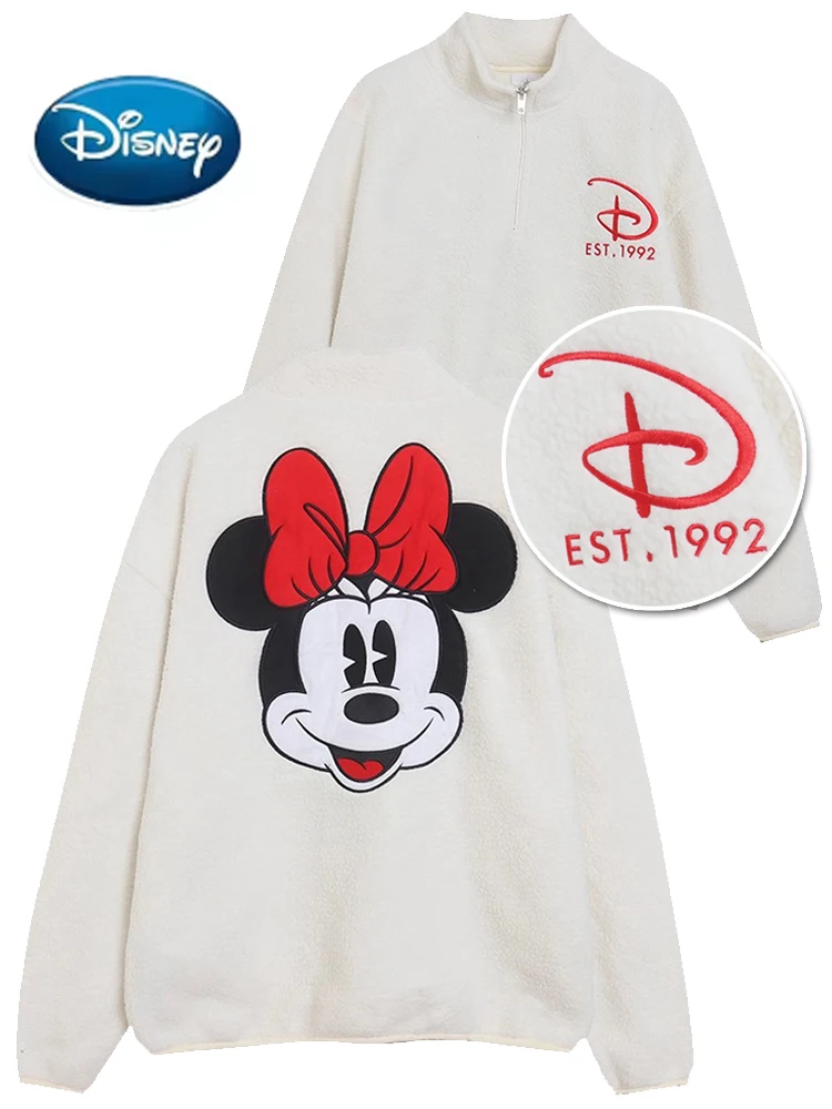 ديزني ميني ماوس التطريز صوف الضأن ديزني باريس البلوز المرأة طويلة الأكمام سترة البلوز القمم الأبيض كم طويل للجنسين